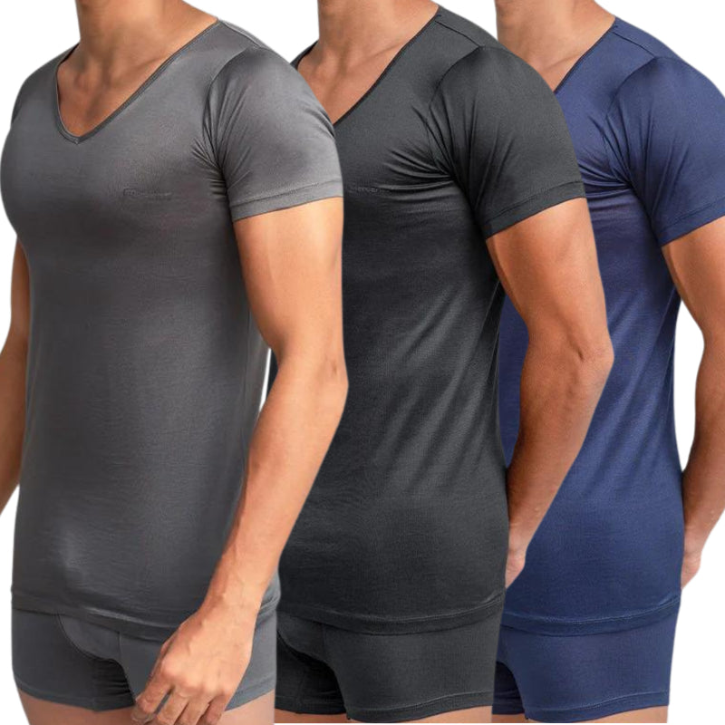 Cottonil set of 3 Mercerise Under Shirt Short Sleeves V Neck - Multicolor